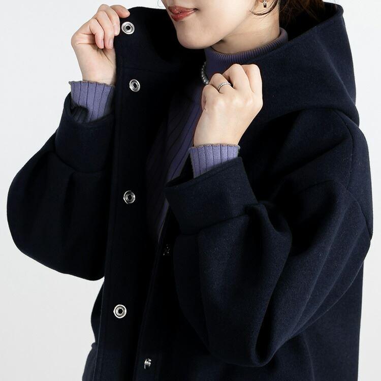 【送料無料】 ウールライクフードコート 3色 M L 長袖 レディース アウター コート スタンドカラー フード付き ぽわん袖 フェイクウール 秋冬春 |  | 11