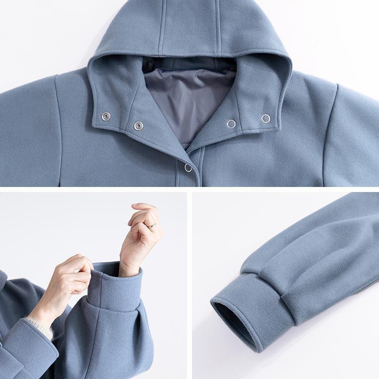 【送料無料】 ウールライクフードコート 3色 M L 長袖 レディース アウター コート スタンドカラー フード付き ぽわん袖 フェイクウール 秋冬春 |  | 14