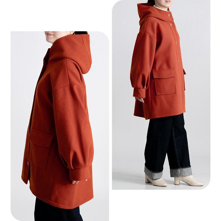 【送料無料】 ウールライクフードコート 3色 M L 長袖 レディース アウター コート スタンドカラー フード付き ぽわん袖 フェイクウール 秋冬春 |  | 05