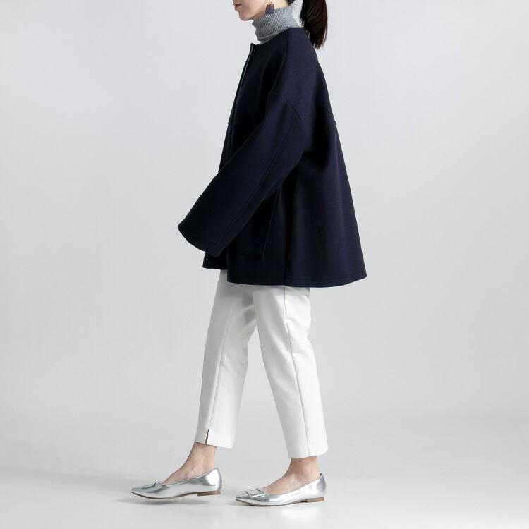 【送料無料】 ニットメルトンコート 3色 M L 長袖 レディース アウター コート メルトンコート ミドル丈 Aライン ノーカラー 配色 ウール混 体型カバー |  | 11