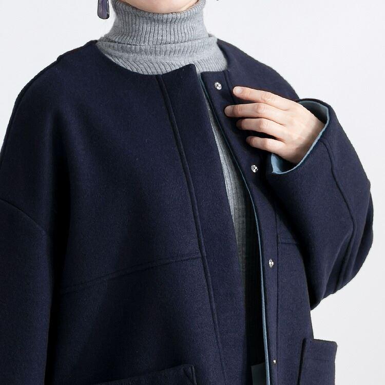 【送料無料】 ニットメルトンコート 3色 M L 長袖 レディース アウター コート メルトンコート ミドル丈 Aライン ノーカラー 配色 ウール混 体型カバー |  | 12