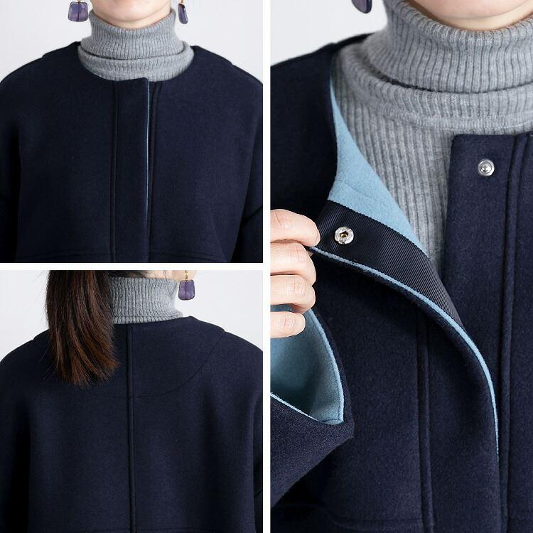 【送料無料】 ニットメルトンコート 3色 M L 長袖 レディース アウター コート メルトンコート ミドル丈 Aライン ノーカラー 配色 ウール混 体型カバー |  | 13