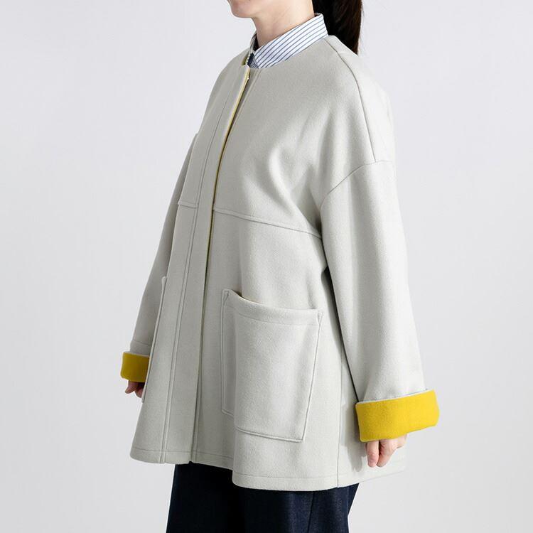 【送料無料】 ニットメルトンコート 3色 M L 長袖 レディース アウター コート メルトンコート ミドル丈 Aライン ノーカラー 配色 ウール混 体型カバー |  | 05