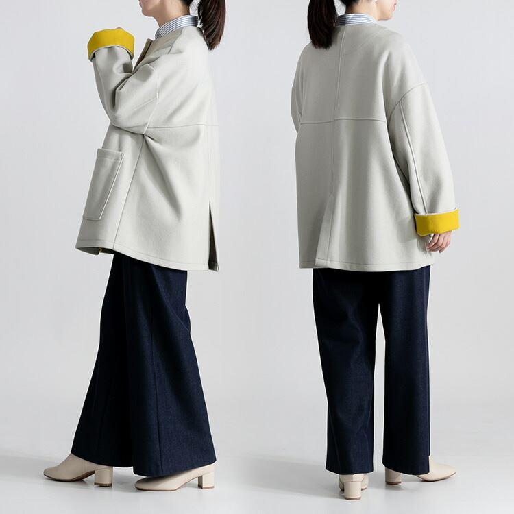 【送料無料】 ニットメルトンコート 3色 M L 長袖 レディース アウター コート メルトンコート ミドル丈 Aライン ノーカラー 配色 ウール混 体型カバー |  | 06