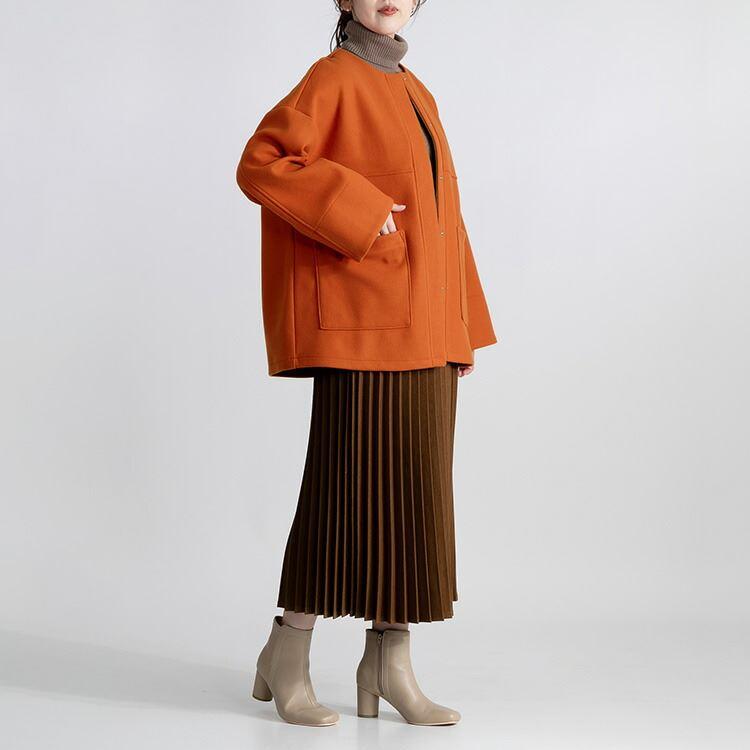 【送料無料】 ニットメルトンコート 3色 M L 長袖 レディース アウター コート メルトンコート ミドル丈 Aライン ノーカラー 配色 ウール混 体型カバー |  | 08