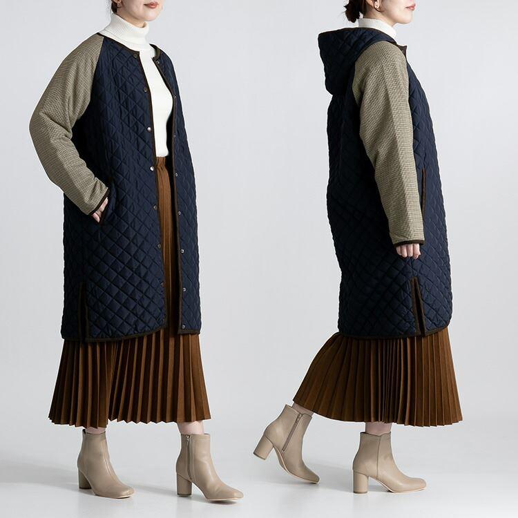 【送料無料】 中綿キルティングコート 3色 M-LL 長袖 レディース アウター コート 中綿 キルト ロング丈 フード取り外し可 配色 秋冬 |  | 12