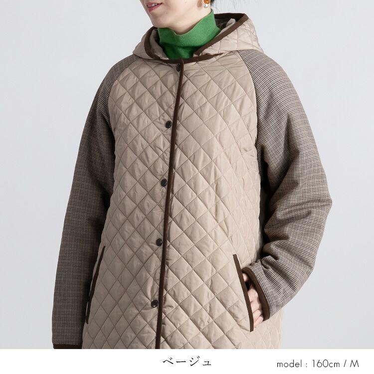 【送料無料】 中綿キルティングコート 3色 M-LL 長袖 レディース アウター コート 中綿 キルト ロング丈 フード取り外し可 配色 秋冬 |  | 05