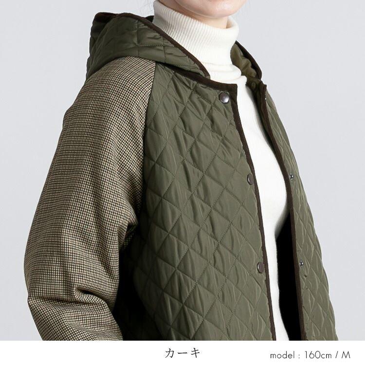 【送料無料】 中綿キルティングコート 3色 M-LL 長袖 レディース アウター コート 中綿 キルト ロング丈 フード取り外し可 配色 秋冬 |  | 08
