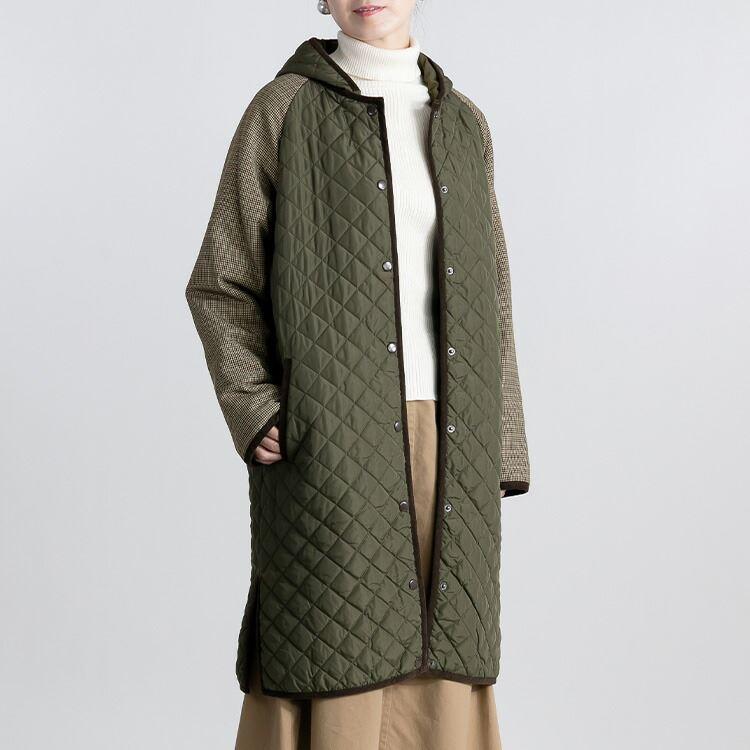 【送料無料】 中綿キルティングコート 3色 M-LL 長袖 レディース アウター コート 中綿 キルト ロング丈 フード取り外し可 配色 秋冬 |  | 09