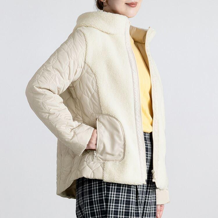 【送料無料】ボア使い中綿ショートアウター 4色 M L 長袖 レディース アウター コート ブルゾン ジャケット ミドル丈 スタンドカラー ボア 中綿 防寒 冬 |  | 06