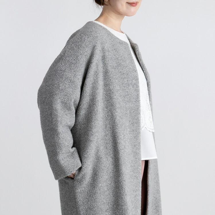 【送料無料】 高見え尾州織コート 4色 M L 長袖 レディース アウター コート ノーカラー パイル生地 ダウン ウール混 体型カバー 日本製生地 |  | 10