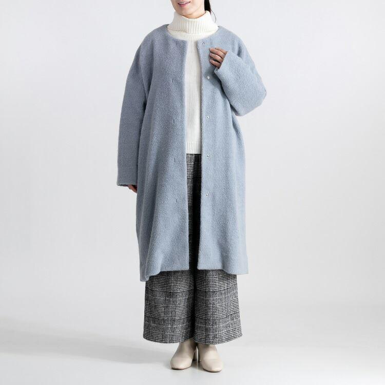 【送料無料】 高見え尾州織コート 4色 M L 長袖 レディース アウター コート ノーカラー パイル生地 ダウン ウール混 体型カバー 日本製生地 |  | 12