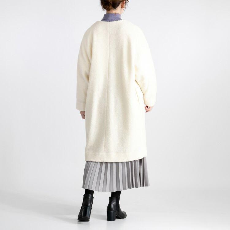 【送料無料】 高見え尾州織コート 4色 M L 長袖 レディース アウター コート ノーカラー パイル生地 ダウン ウール混 体型カバー 日本製生地 |  | 07