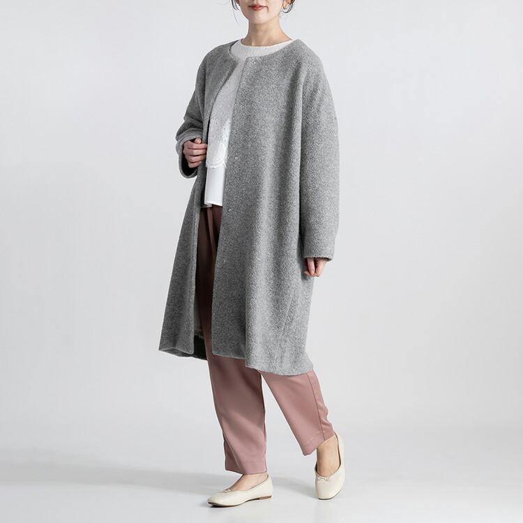 【送料無料】 高見え尾州織コート 4色 M L 長袖 レディース アウター コート ノーカラー パイル生地 ダウン ウール混 体型カバー 日本製生地 |  | 09