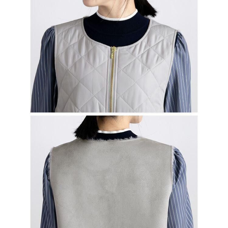 【ラスト6着のみ】【送料無料/再入荷】 エコファー×中綿キルトベスト M L 洗える ノースリーブ レディース トップス |  | 17
