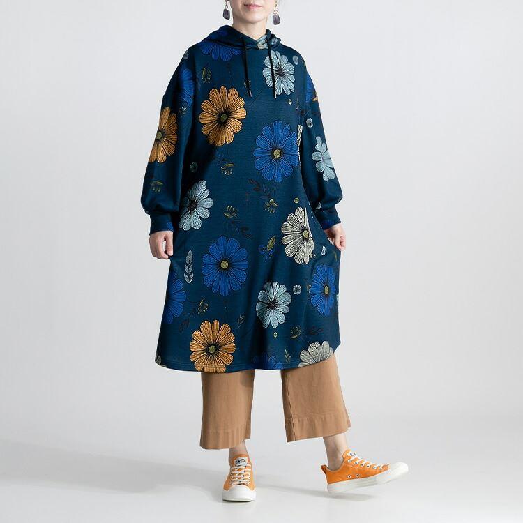 【送料無料/再入荷】 フラワー柄裏起毛チュニック 3色 M-L 洗える 長袖 フード付き レディース トップス チュニック ス 体型カバー Aライン 裏起 |  | 10