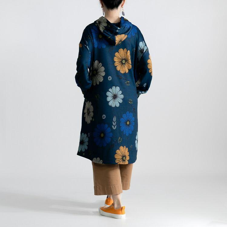 【送料無料/再入荷】 フラワー柄裏起毛チュニック 3色 M-L 洗える 長袖 フード付き レディース トップス チュニック ス 体型カバー Aライン 裏起 |  | 11