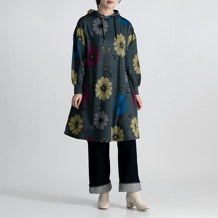 【送料無料/再入荷】 フラワー柄裏起毛チュニック 3色 M-L 洗える 長袖 フード付き レディース トップス チュニック ス 体型カバー Aライン 裏起 |  | 13