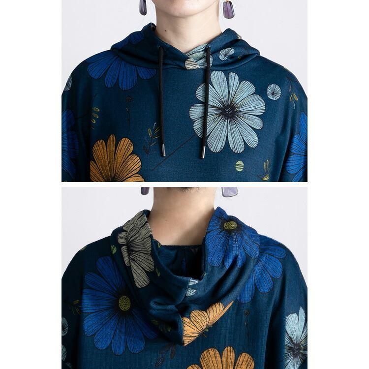 【送料無料/再入荷】 フラワー柄裏起毛チュニック 3色 M-L 洗える 長袖 フード付き レディース トップス チュニック ス 体型カバー Aライン 裏起 |  | 15