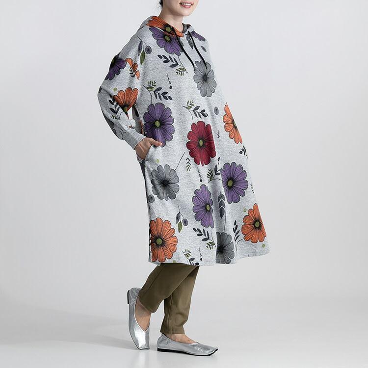 【送料無料/再入荷】 フラワー柄裏起毛チュニック 3色 M-L 洗える 長袖 フード付き レディース トップス チュニック ス 体型カバー Aライン 裏起 |  | 08