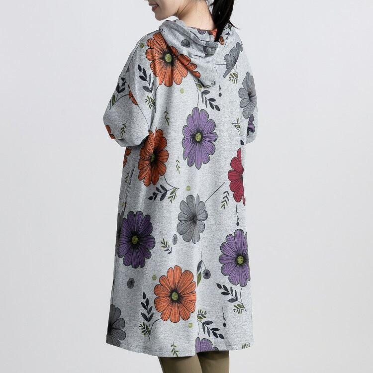 【再入荷】【送料無料】 フラワー柄裏起毛チュニック 3色 M-L 洗える 長袖 フード レディース トップス チュニック ス 体型カバー Aライン 裏起毛 花柄 暖かい |  | 10