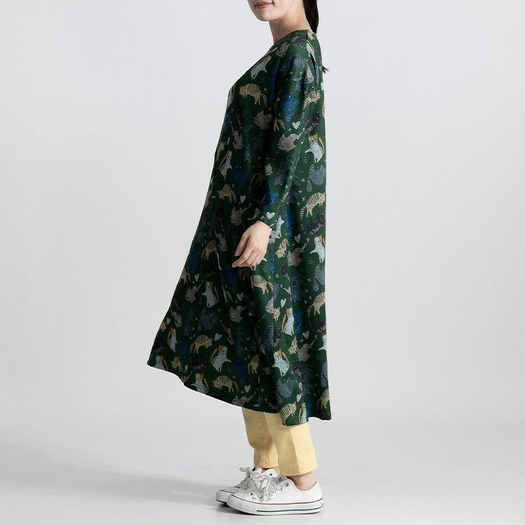 【送料無料/再入荷】 ネコ柄裏起毛ワンピース 3色 M-L 洗える 長袖 丸首 レディース トップス ワンピース 猫 裏起毛 クルーネック 体型カバー 伸縮性 |  | 13