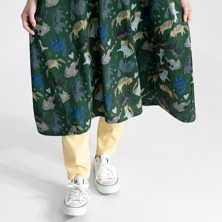 【送料無料/再入荷】 ネコ柄裏起毛ワンピース 3色 M-L 洗える 長袖 丸首 レディース トップス ワンピース 猫 裏起毛 クルーネック 体型カバー 伸縮性 |  | 14