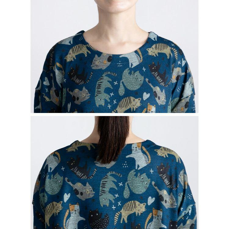 【送料無料/再入荷】 ネコ柄裏起毛ワンピース 3色 M-L 洗える 長袖 丸首 レディース トップス ワンピース 猫 裏起毛 クルーネック 体型カバー 伸縮性 |  | 15