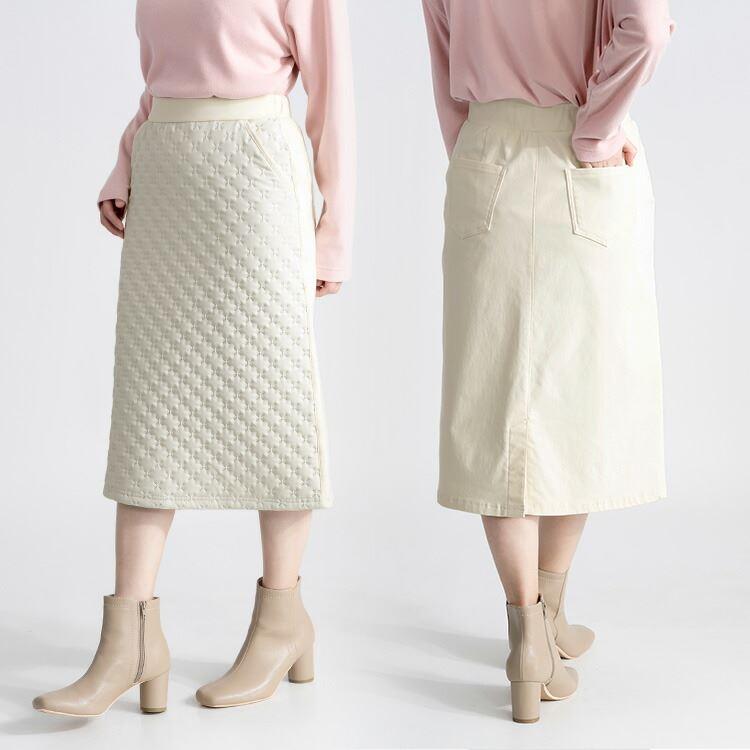 【送料無料】 蓄熱エンボス加工エコダウンスカート 2色 M-LL 洗える レディース ボトムス スカート タイトスカート ウエストゴム エンボス加工 |  | 07