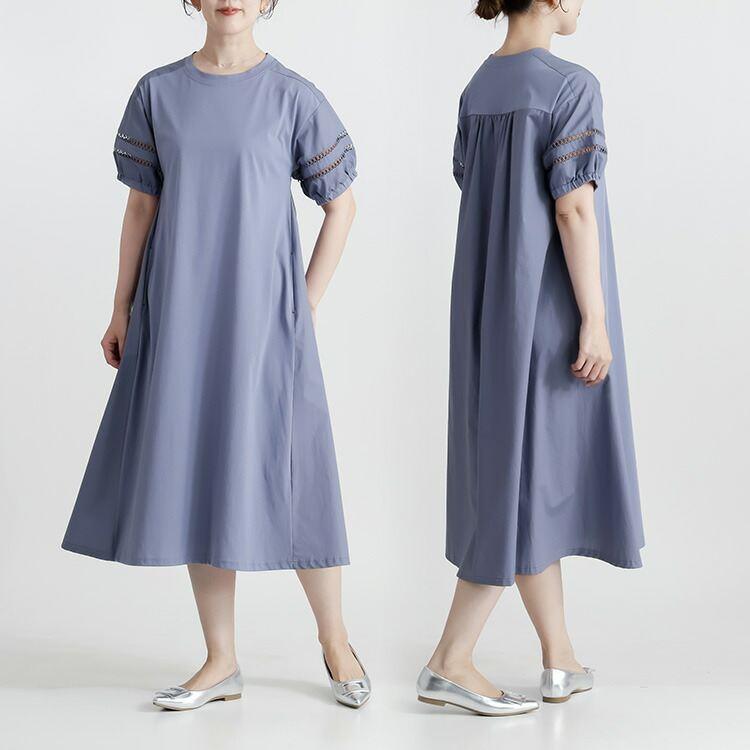 【送料無料】 はしごレース使いパフ袖ワンピース 4色 M-L 洗える 半袖 レディース トップス ワンピース カットソー Aライン ぽわん袖 体型カバー |  | 10