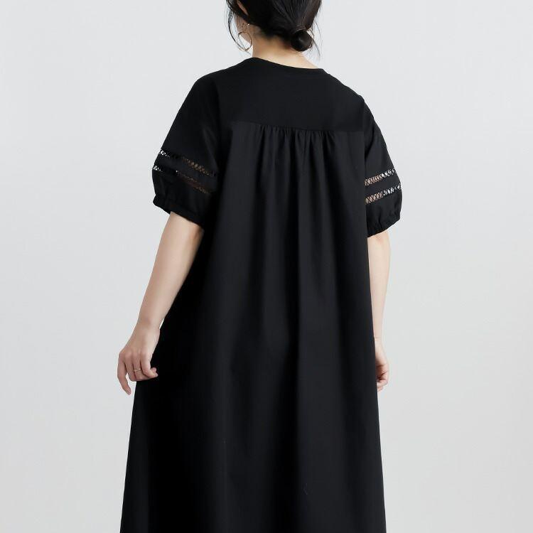 【送料無料】 はしごレース使いパフ袖ワンピース 4色 M-L 洗える 半袖 レディース トップス ワンピース カットソー Aライン ぽわん袖 体型カバー |  | 14