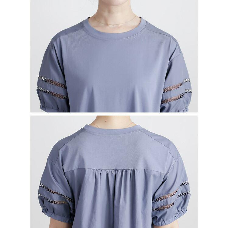 【送料無料】 はしごレース使いパフ袖ワンピース 4色 M-L 洗える 半袖 レディース トップス ワンピース カットソー Aライン ぽわん袖 体型カバー |  | 15