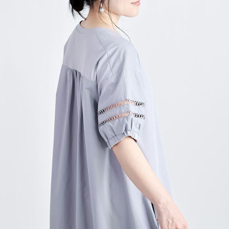 【送料無料】 はしごレース使いパフ袖ワンピース 4色 M-L 洗える 半袖 レディース トップス ワンピース カットソー Aライン ぽわん袖 体型カバー |  | 08