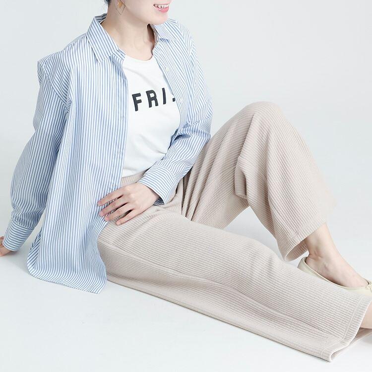 【送料無料】ピケストレッチワイドパンツ 6色 M-LL 洗える 10分丈 レディース ボトムス パンツ ワイドパンツ ピケ ウエストゴム 股上深め ストレッチ 体型カバー |  | 05