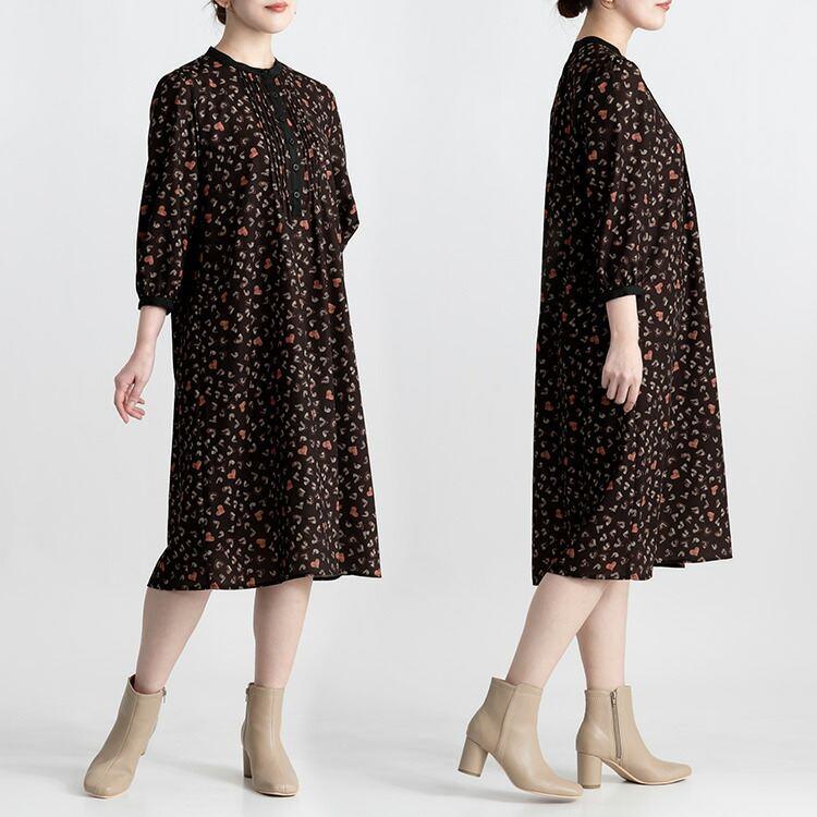 【送料無料】 ハート柄ピンタックワンピース 2色 M L 洗える 八分袖 レディース ワンピース Aライン ラウンドネック シャツワンピース 体型カバー 春秋冬 |  | 10