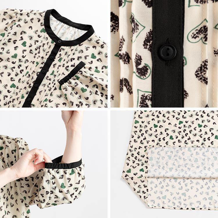 【送料無料】 ハート柄ピンタックワンピース 2色 M L 洗える 八分袖 レディース ワンピース Aライン ラウンドネック シャツワンピース 体型カバー 春秋冬 |  | 12