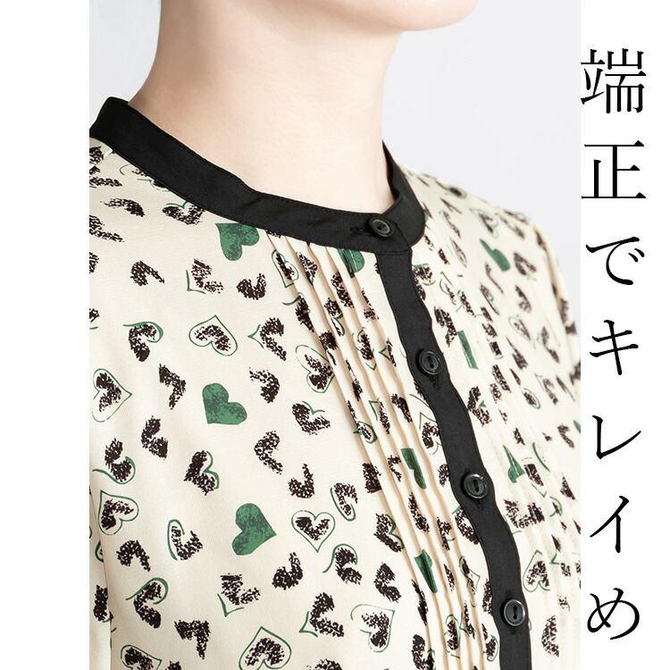 【送料無料】 ハート柄ピンタックワンピース 2色 M L 洗える 八分袖 レディース ワンピース Aライン ラウンドネック シャツワンピース 体型カバー 春秋冬 |  | 02