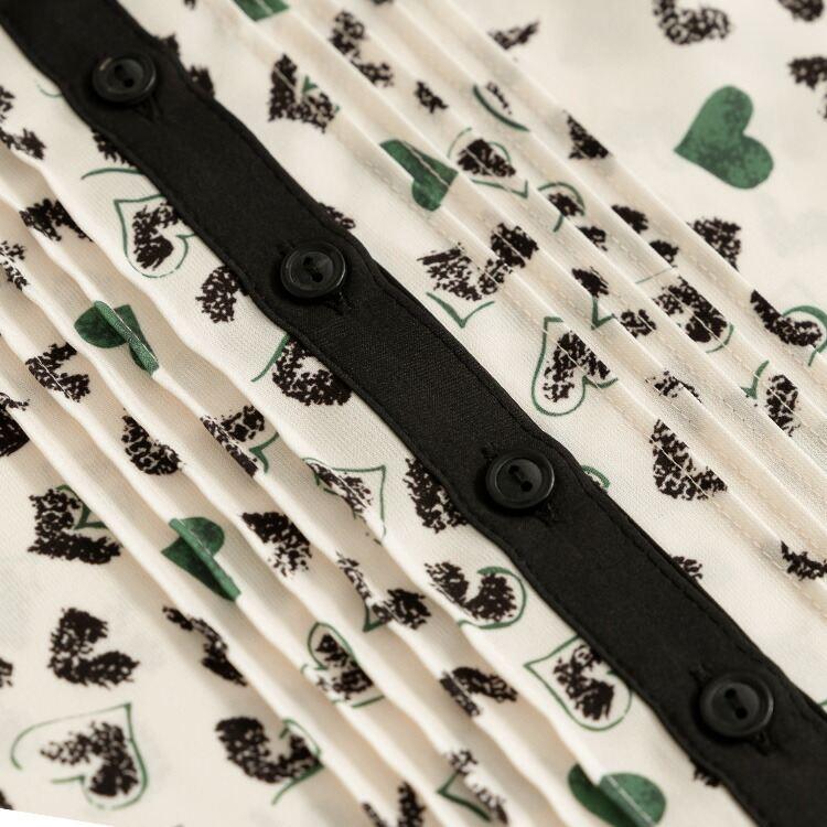 【送料無料】 ハート柄ピンタックワンピース 2色 M L 洗える 八分袖 レディース ワンピース Aライン ラウンドネック シャツワンピース 体型カバー 春秋冬 |  | 04