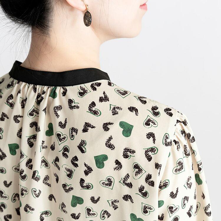 【送料無料】 ハート柄ピンタックワンピース 2色 M L 洗える 八分袖 レディース ワンピース Aライン ラウンドネック シャツワンピース 体型カバー 春秋冬 |  | 06