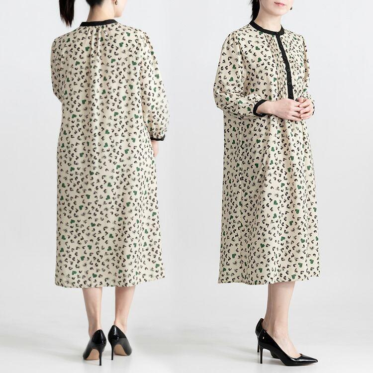 【送料無料】 ハート柄ピンタックワンピース 2色 M L 洗える 八分袖 レディース ワンピース Aライン ラウンドネック シャツワンピース 体型カバー 春秋冬 |  | 07