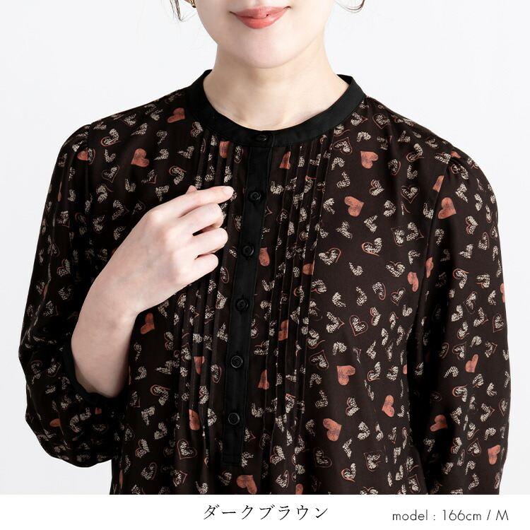 【送料無料】 ハート柄ピンタックワンピース 2色 M L 洗える 八分袖 レディース ワンピース Aライン ラウンドネック シャツワンピース 体型カバー 春秋冬 |  | 08