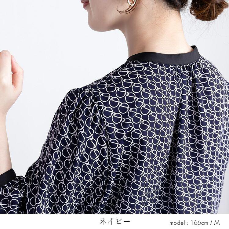 【送料無料】 リング柄ワンピース 3色 M L リング柄 洗える 八分袖 レディース ワンピース Aライン フレア ラウンドネック シャツワンピース 春秋冬 |  | 07