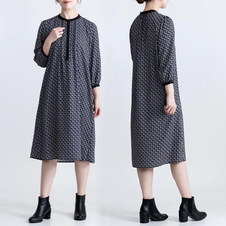 【送料無料】 リング柄ワンピース 3色 M L リング柄 洗える 八分袖 レディース ワンピース Aライン フレア ラウンドネック シャツワンピース 春秋冬 |  | 08