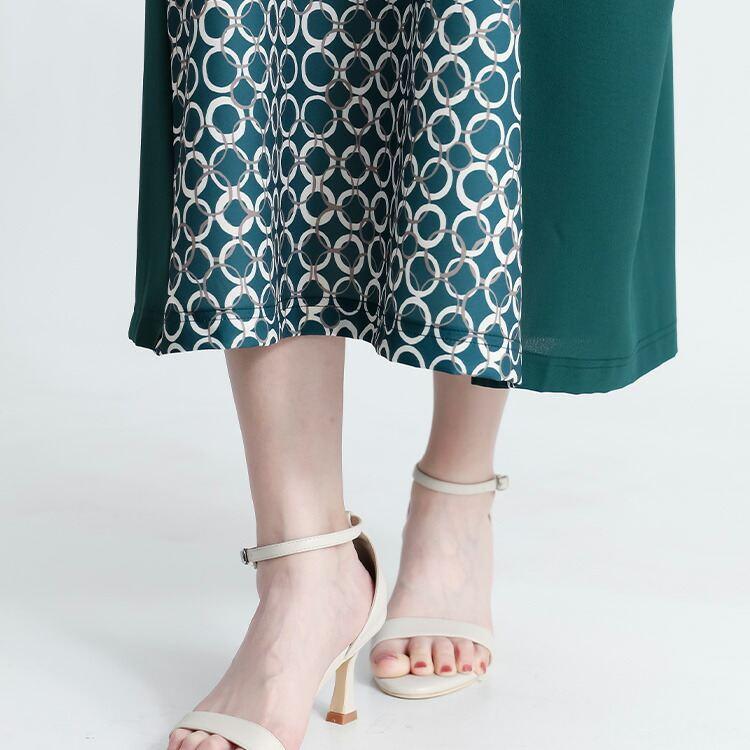 【送料無料】 モダン柄切替ワンピース 3色 M-L 洗える 半袖 楽ちん レディース トップス ワンピース ロングチュニック Iライン 異素材 幾何学柄 春夏 |  | 10