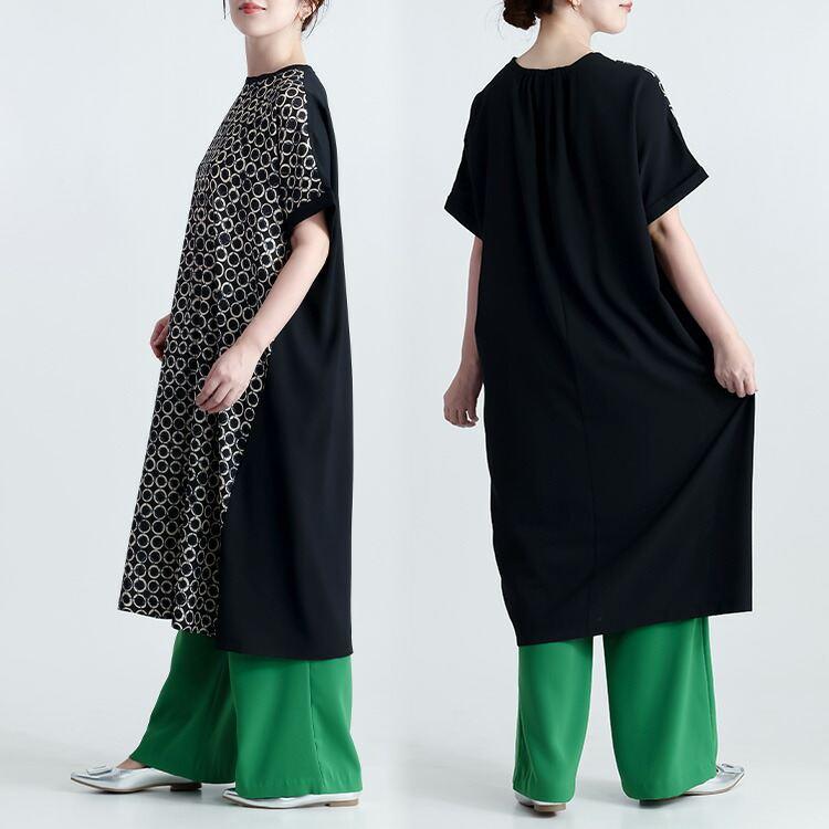 【送料無料】 モダン柄切替ワンピース 3色 M-L 洗える 半袖 楽ちん レディース トップス ワンピース ロングチュニック Iライン 異素材 幾何学柄 春夏 |  | 12