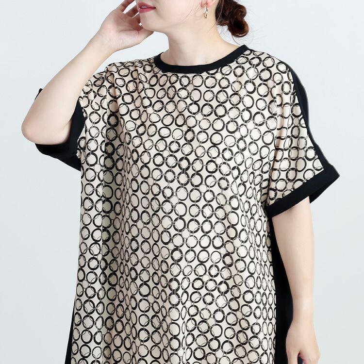 【送料無料】 モダン柄切替ワンピース 3色 M-L 洗える 半袖 楽ちん レディース トップス ワンピース ロングチュニック Iライン 異素材 幾何学柄 春夏 |  | 06