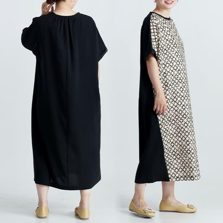 【送料無料】 モダン柄切替ワンピース 3色 M-L 洗える 半袖 楽ちん レディース トップス ワンピース ロングチュニック Iライン 異素材 幾何学柄 春夏 |  | 07