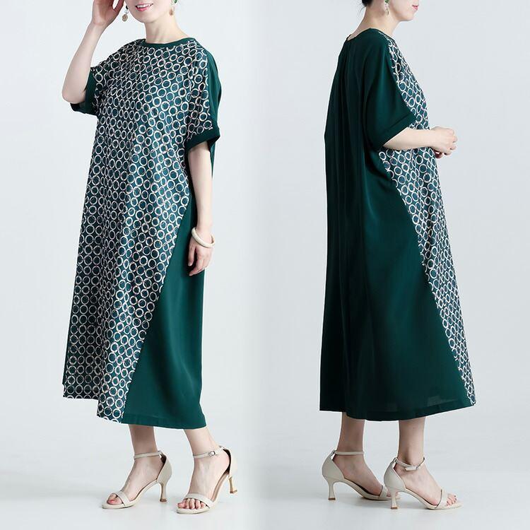 【送料無料】 モダン柄切替ワンピース 3色 M-L 洗える 半袖 楽ちん レディース トップス ワンピース ロングチュニック Iライン 異素材 幾何学柄 春夏 |  | 09