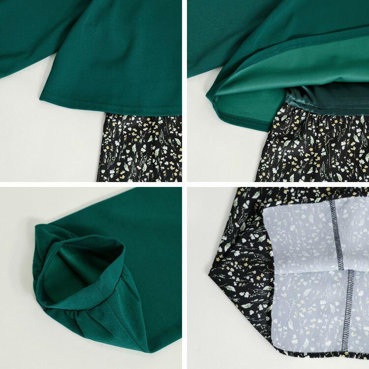 【送料無料】 レイヤード風ワンピース 2色 M L 洗える 七分袖 レディース トップス ワンピース クルーネック ロング丈 体型カバー 花柄 ドット 春秋 |  | 14