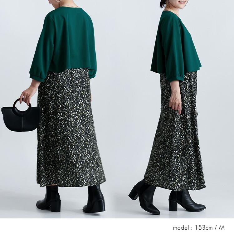 【送料無料】 レイヤード風ワンピース 2色 M L 洗える 七分袖 レディース トップス ワンピース クルーネック ロング丈 体型カバー 花柄 ドット 春秋 |  | 06